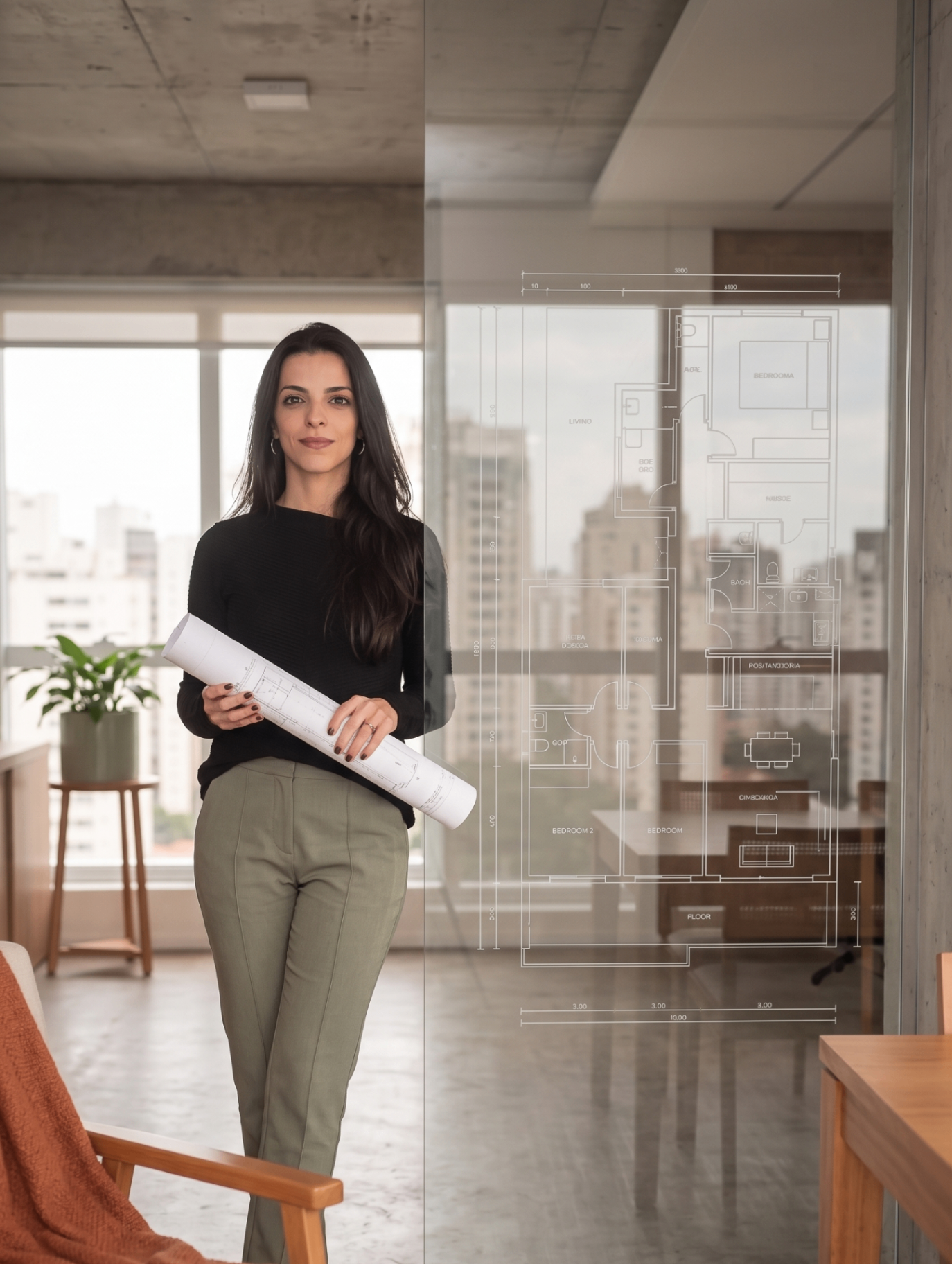 Maíra Macedo segurando planta arquitetônica