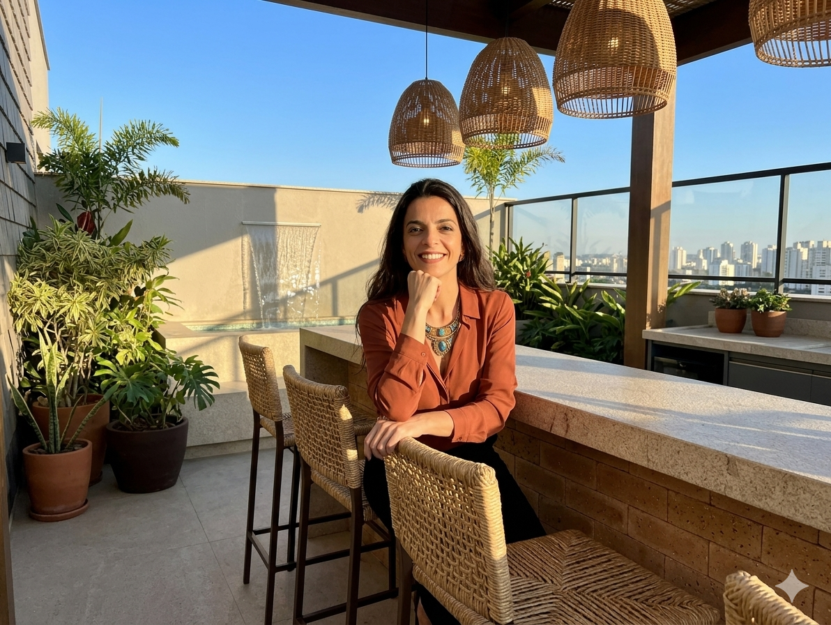 Maíra Macedo em rooftop com vista para a cidade