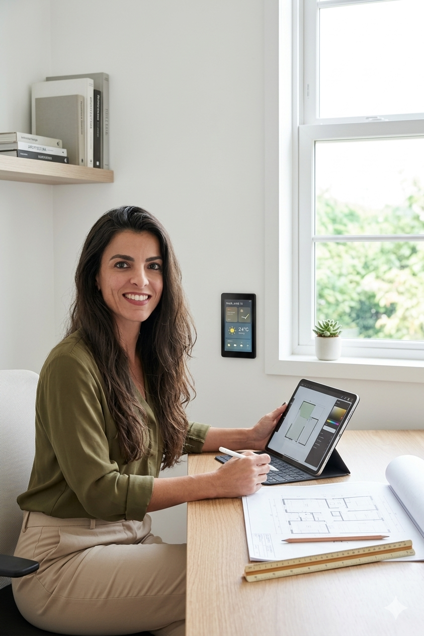 Maíra Macedo trabalhando em projeto no escritório
